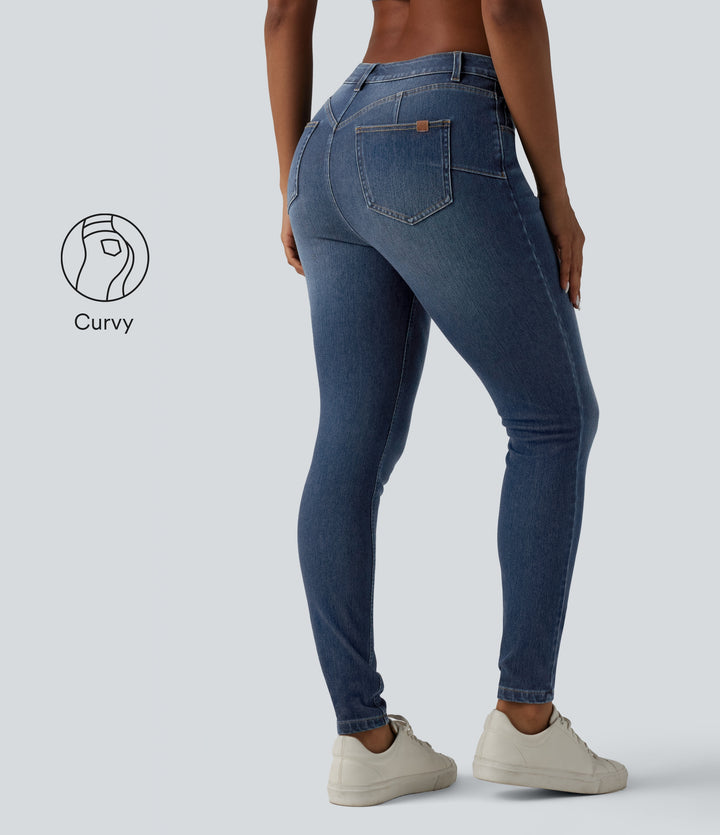 Curvy Mid Rise Skinny Casual Jeans with Pockets — Pageant Blue Denim — view 1