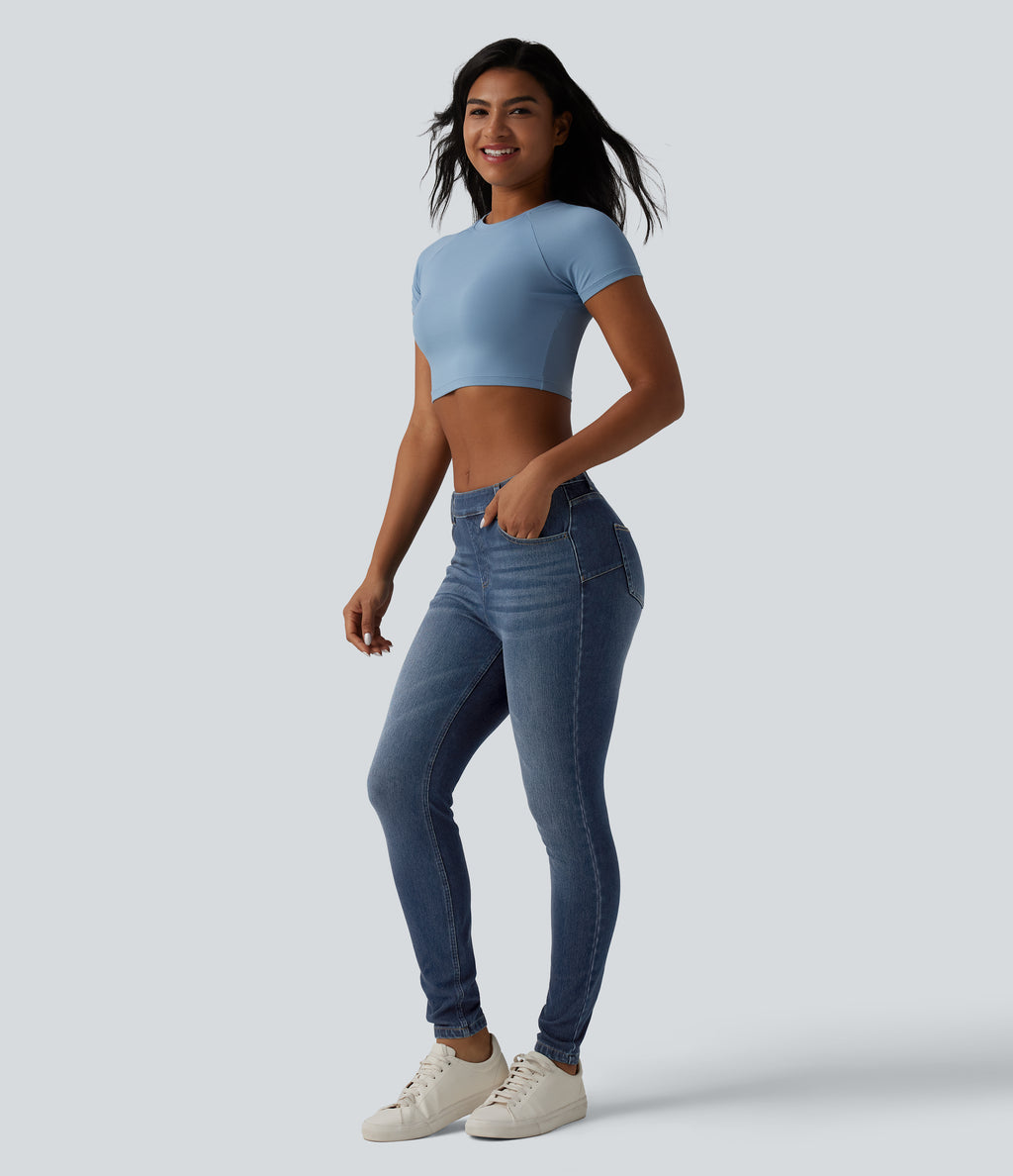 Curvy Mid Rise Skinny Casual Jeans with Pockets — Pageant Blue Denim — view 6