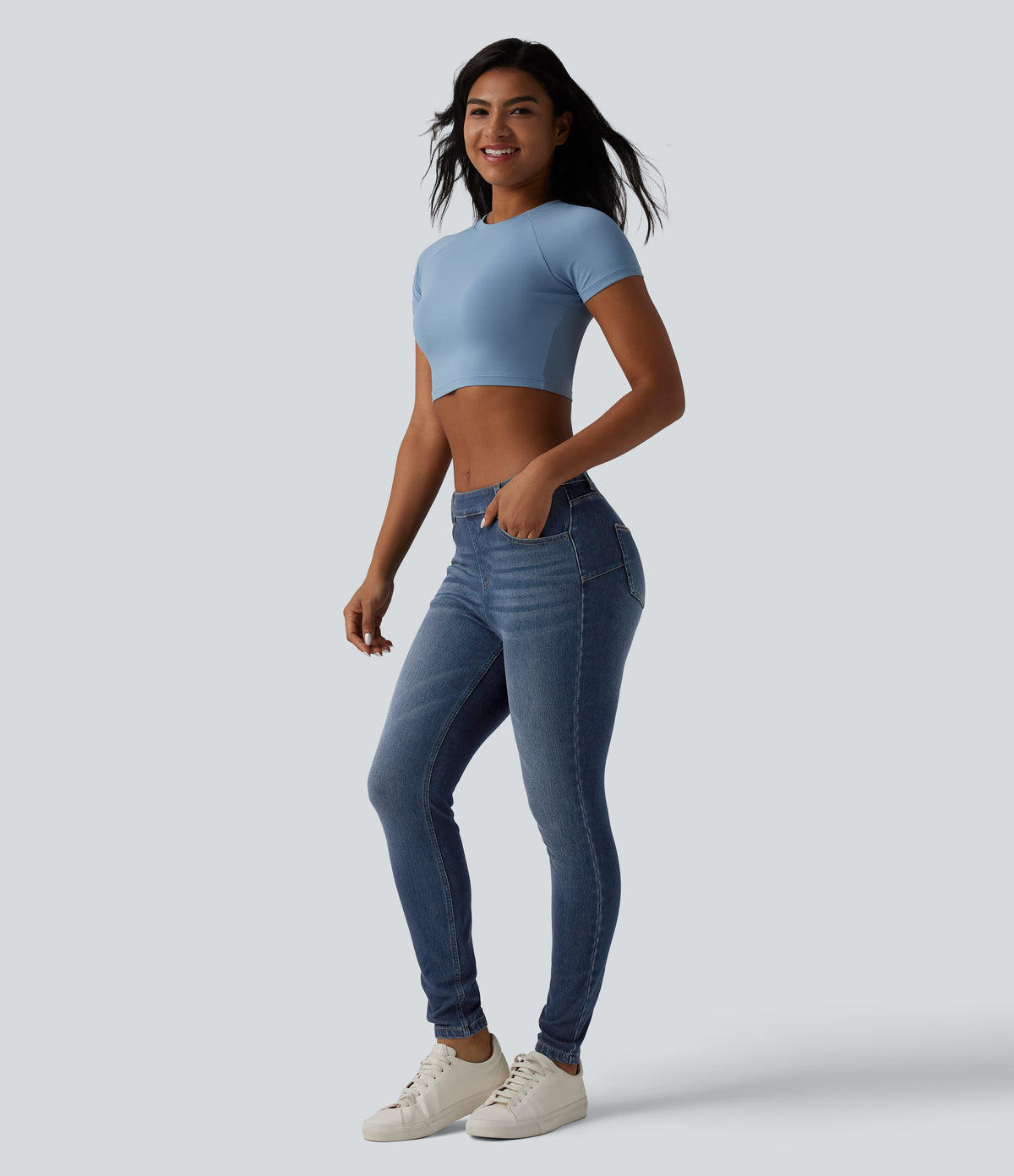 Curvy Mid Rise Skinny Casual Jeans with Pockets — Pageant Blue Denim — view 6