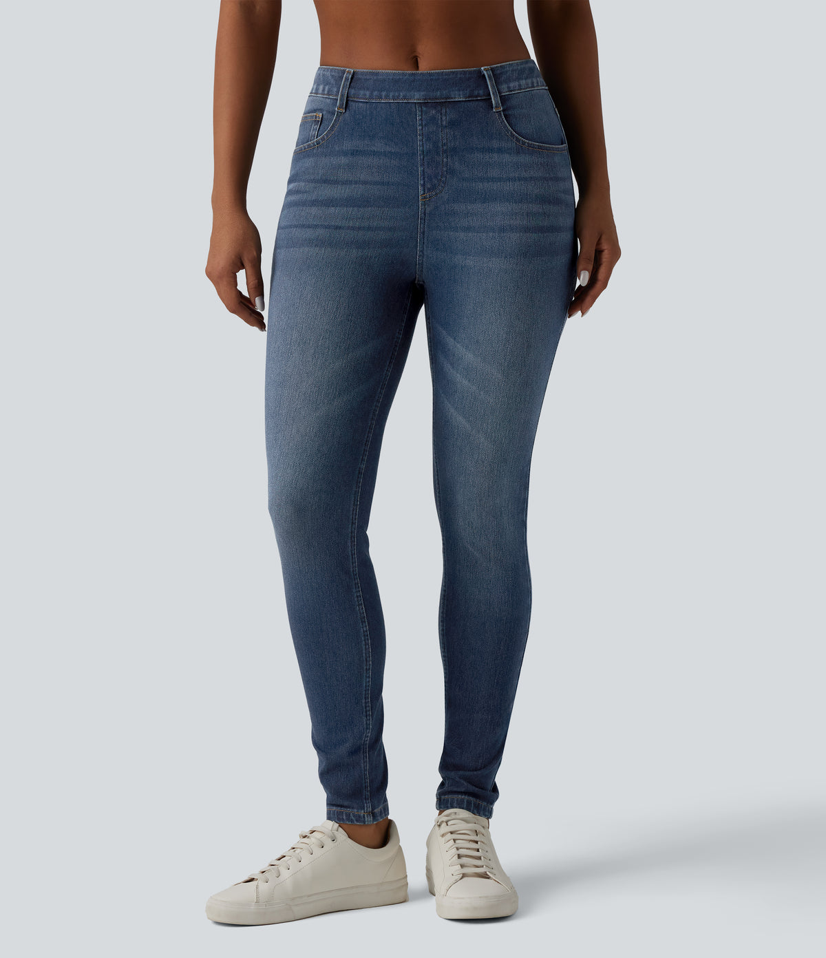Curvy Mid Rise Skinny Casual Jeans with Pockets — Pageant Blue Denim — view 2