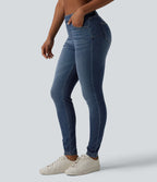 Curvy Mid Rise Skinny Casual Jeans with Pockets — Pageant Blue Denim — view 3