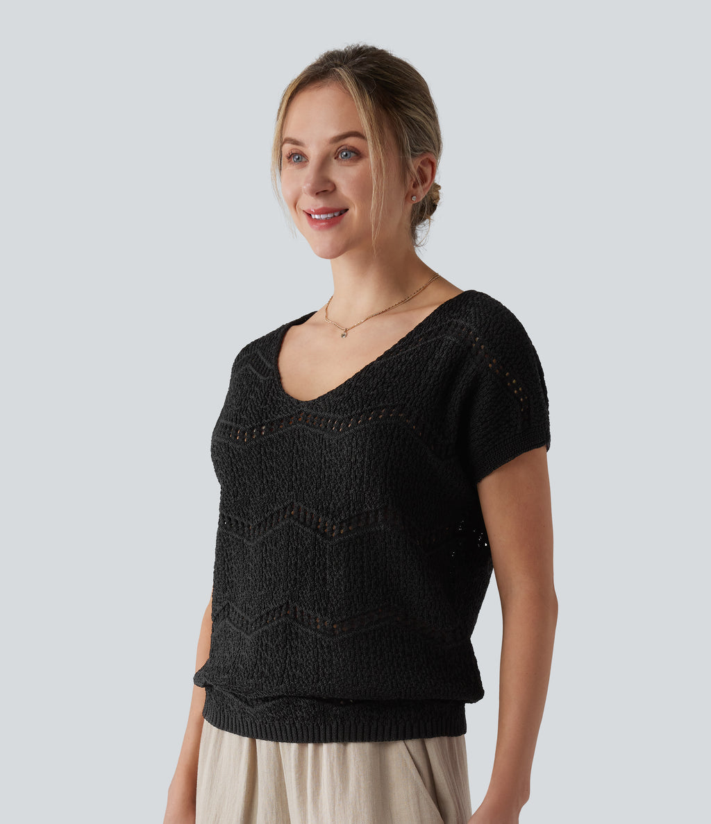 V Neck Short Sleeve Jumper — Black — view 3