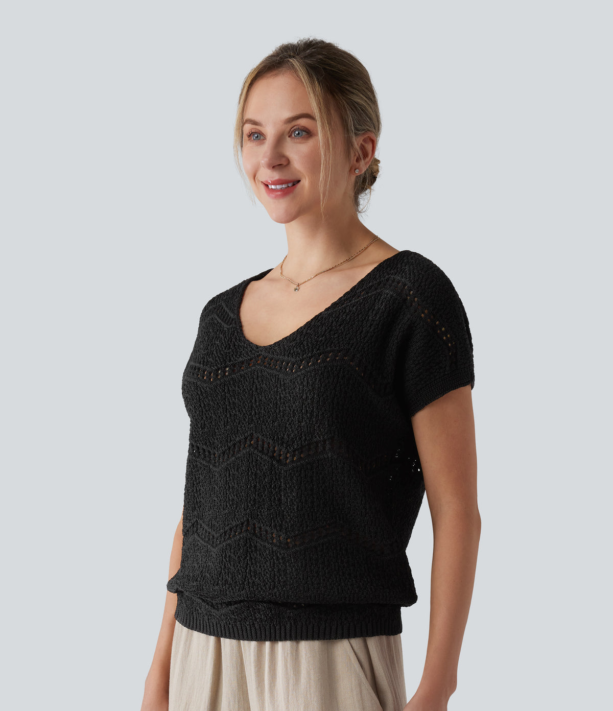 V Neck Short Sleeve Jumper — Black — view 3