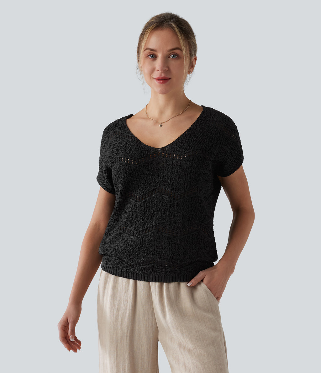 V Neck Short Sleeve Jumper — Black — view 1