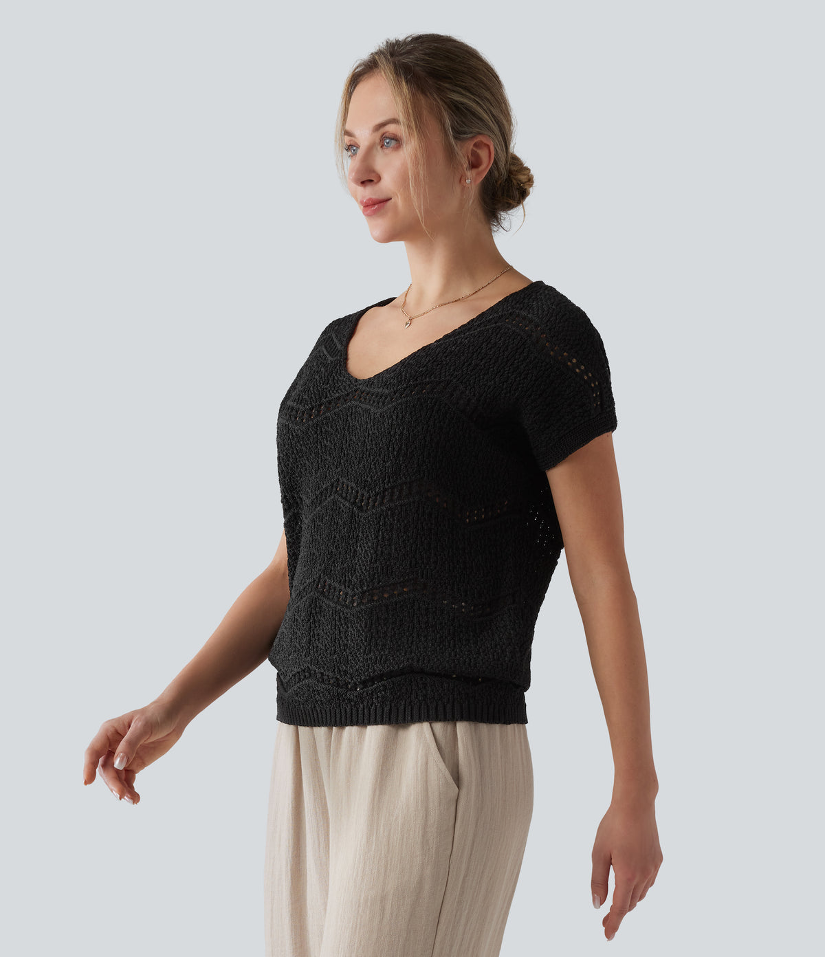 V Neck Short Sleeve Jumper — Black — view 4