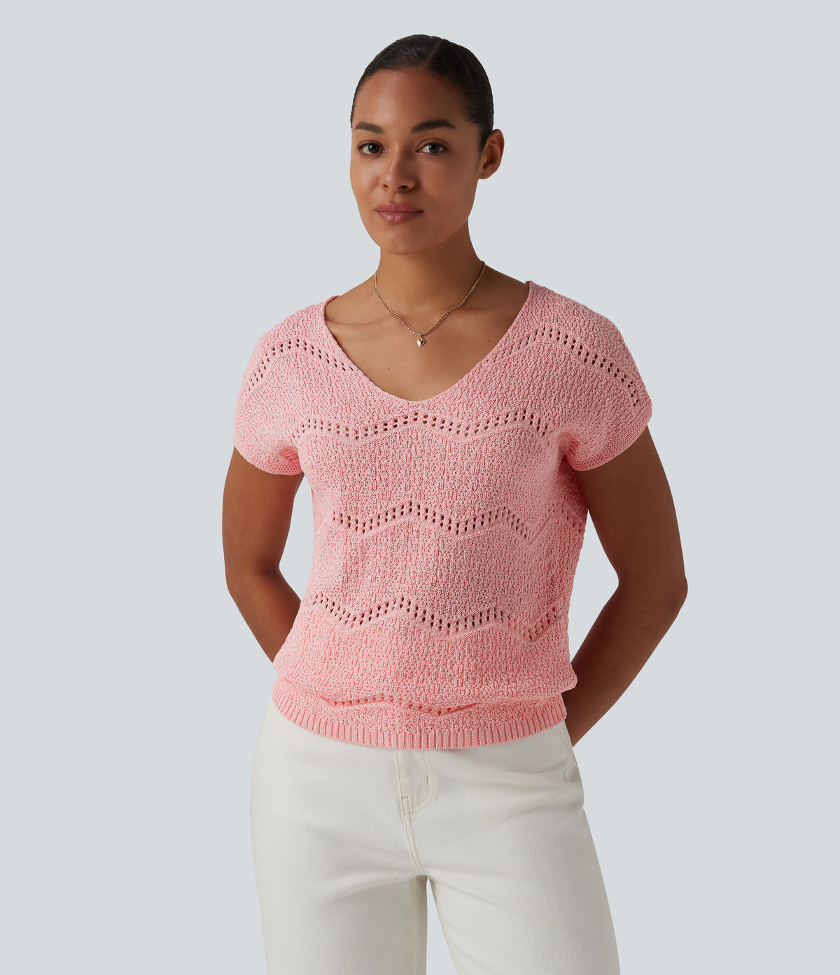 V Neck Short Sleeve Jumper — Chintz Rose — view 6