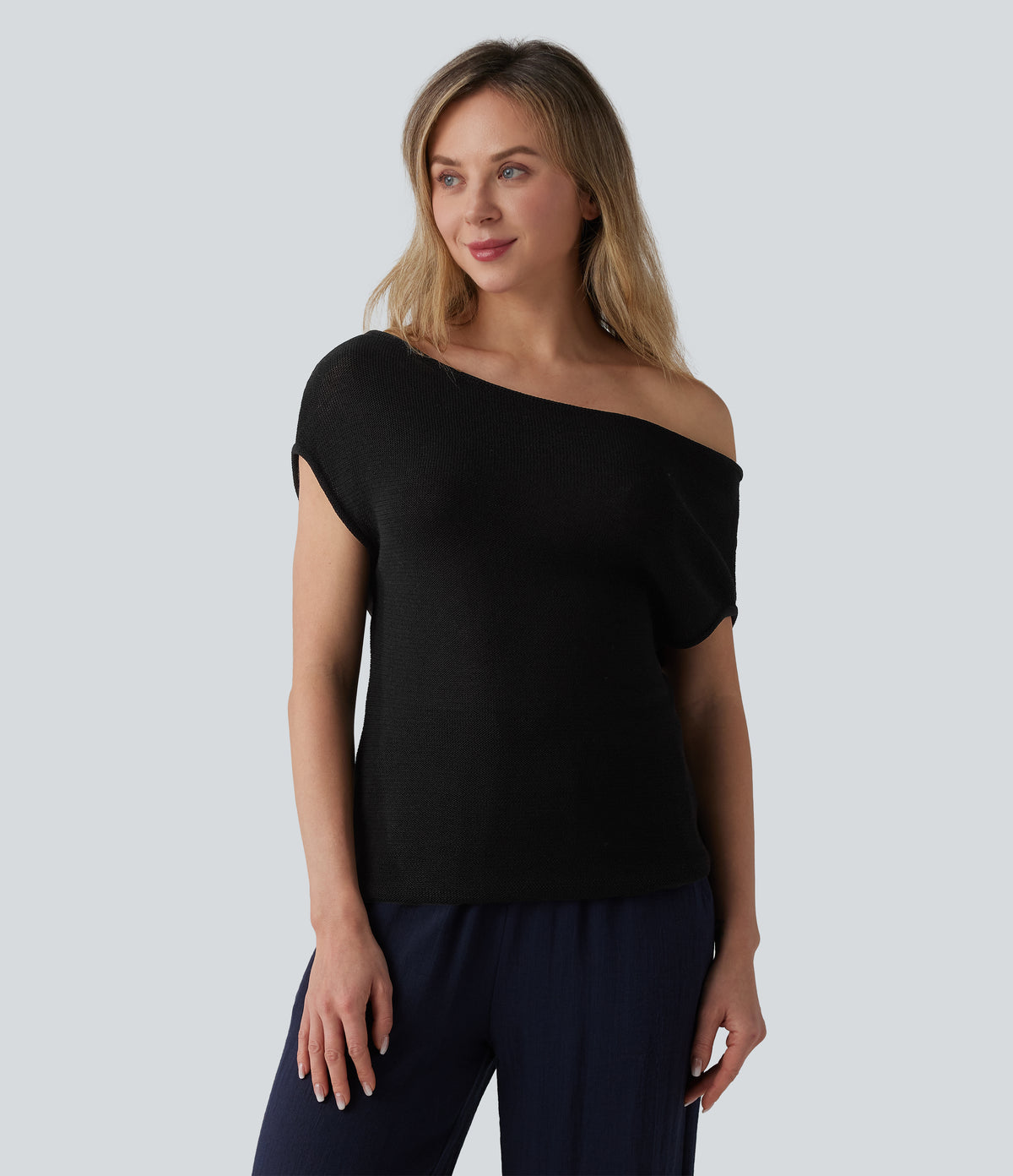 Off Shoulder Short Sleeve Casual Jumper — Black — view 6