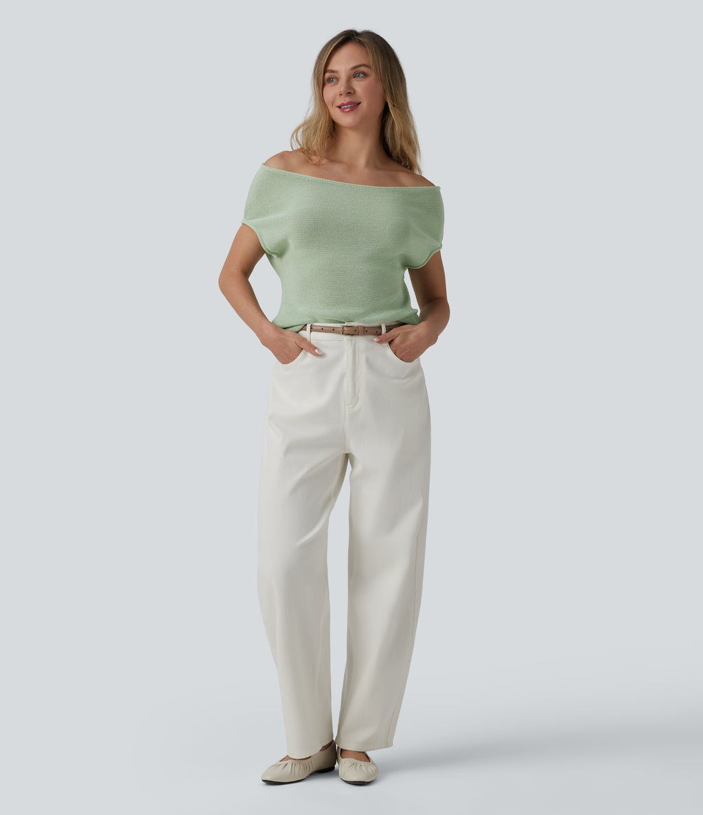Off Shoulder Short Sleeve Casual Jumper — Pale Aqua — view 5