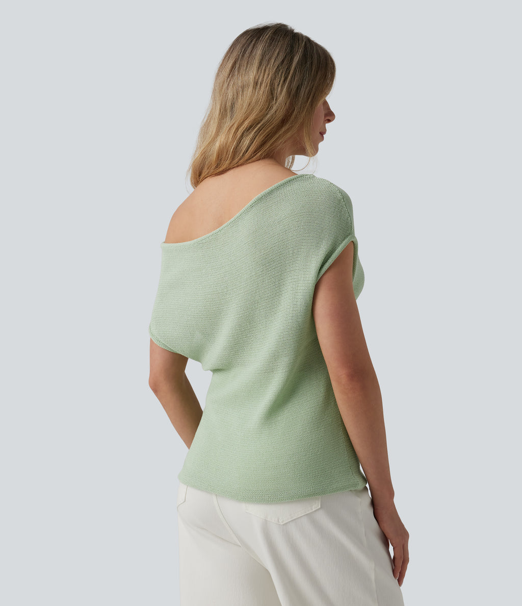 Off Shoulder Short Sleeve Casual Jumper — Pale Aqua — view 2