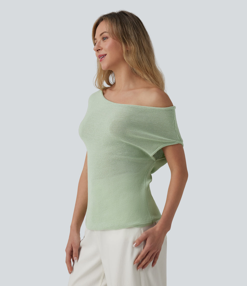 Off Shoulder Short Sleeve Casual Jumper — Pale Aqua — view 3