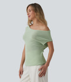Off Shoulder Short Sleeve Casual Jumper — Pale Aqua — view 3