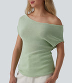 Off Shoulder Short Sleeve Casual Jumper — Pale Aqua — view 4
