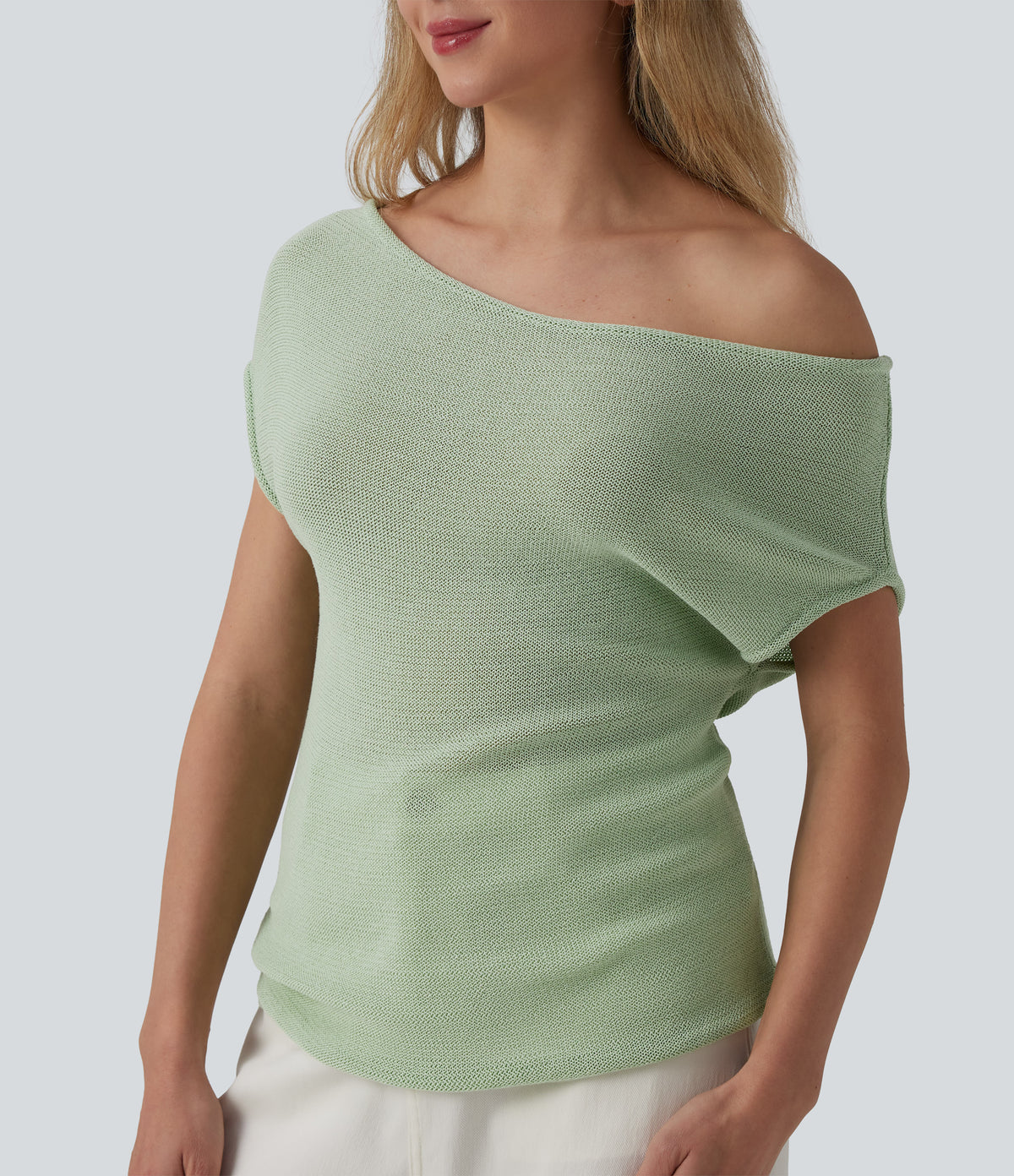Off Shoulder Short Sleeve Casual Jumper — Pale Aqua — view 4