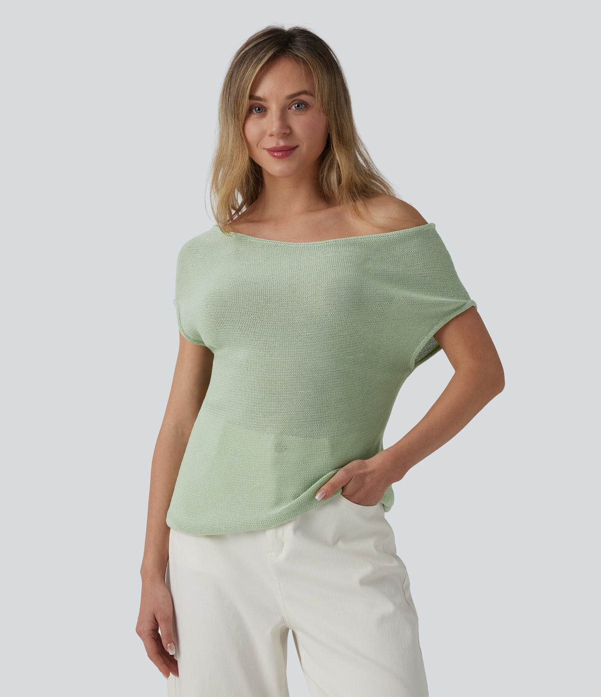 Off Shoulder Short Sleeve Casual Jumper — Pale Aqua — view 1