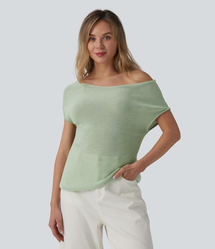 Off Shoulder Short Sleeve Casual Jumper — Pale Aqua — view 1