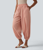 High Waisted Barrel Leg Casual Linen-Feel Trousers with Pockets — Terra Blush — view 4