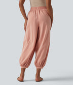 High Waisted Barrel Leg Casual Linen-Feel Trousers with Pockets — Terra Blush — view 2