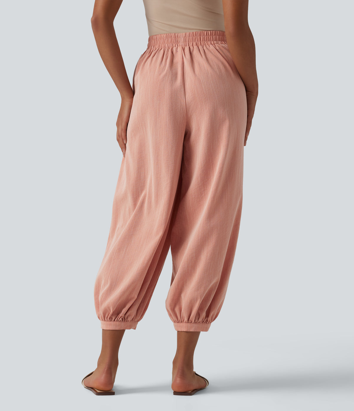 High Waisted Barrel Leg Casual Linen-Feel Trousers with Pockets — Terra Blush — view 2