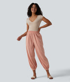 High Waisted Barrel Leg Casual Linen-Feel Trousers with Pockets — Terra Blush — view 7