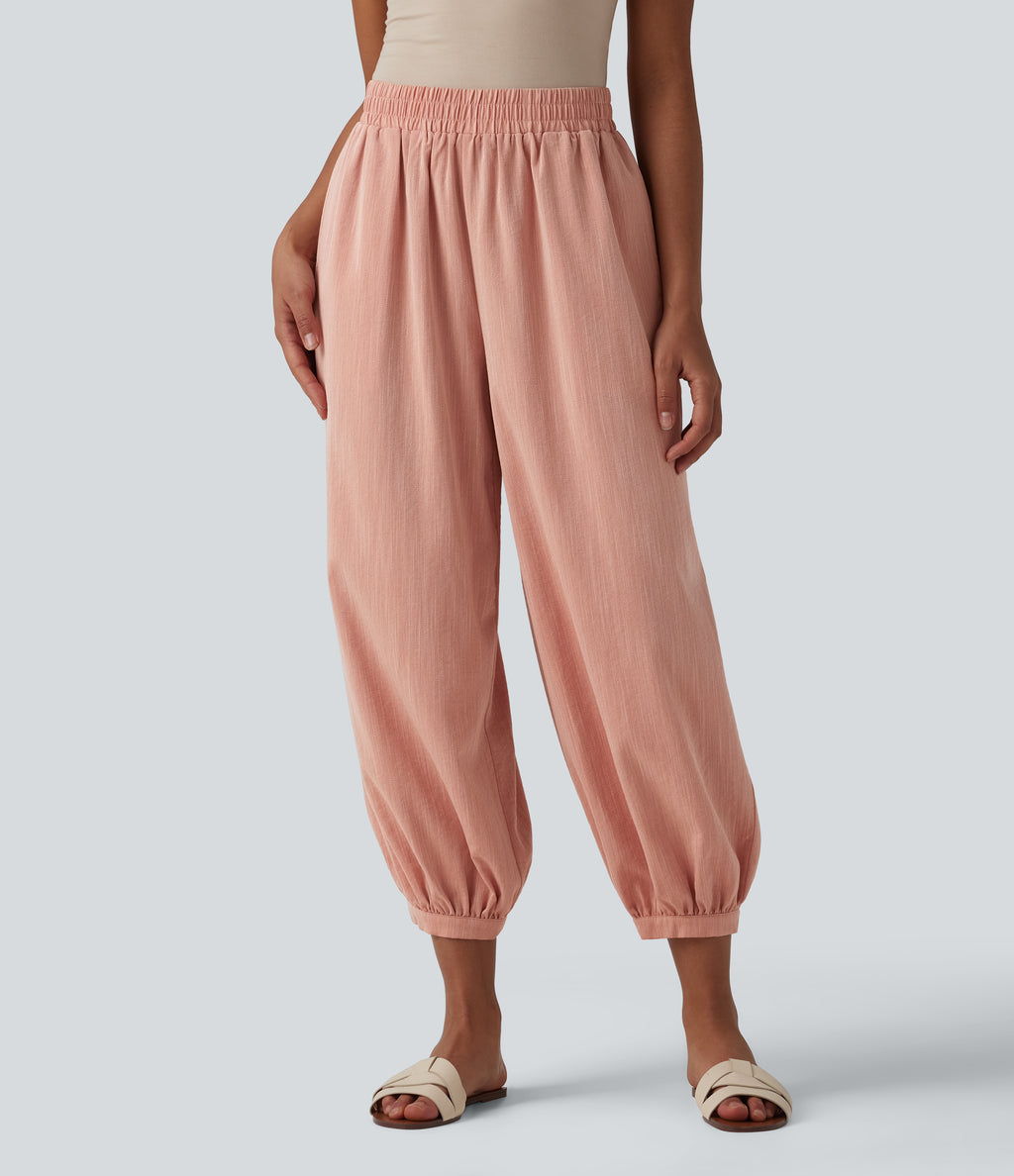 High Waisted Barrel Leg Casual Linen-Feel Trousers with Pockets — Terra Blush — view 3