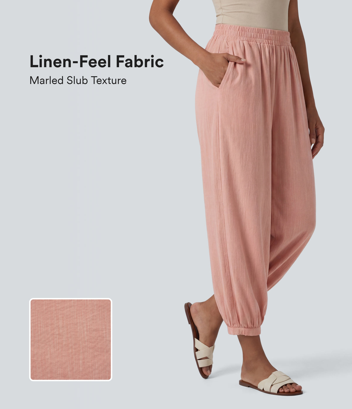 High Waisted Barrel Leg Casual Linen-Feel Trousers with Pockets — Terra Blush — view 1