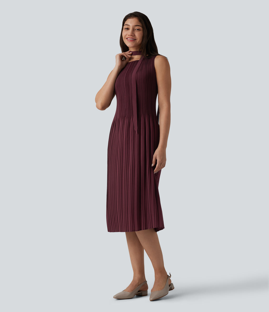 Boat Neck Sleeveless Belted Plisse Midi Work Dress — Oxblood Red — view 4