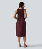 Boat Neck Sleeveless Belted Plisse Midi Work Dress — Oxblood Red — view 2