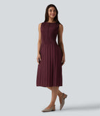 Boat Neck Sleeveless Belted Plisse Midi Work Dress — Oxblood Red — view 3