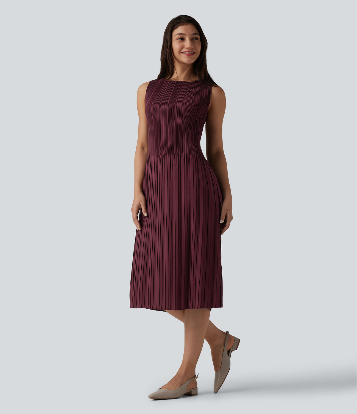 Boat Neck Sleeveless Belted Plisse Midi Work Dress — Oxblood Red — view 3