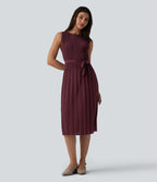 Boat Neck Sleeveless Belted Plisse Midi Work Dress — Oxblood Red — view 1
