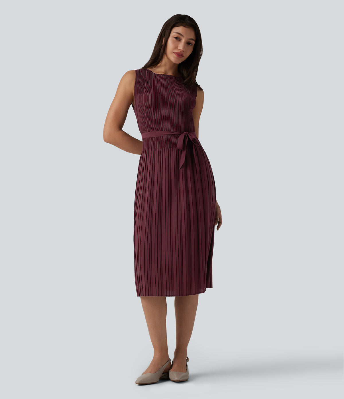 Boat Neck Sleeveless Belted Plisse Midi Work Dress — Oxblood Red — view 1