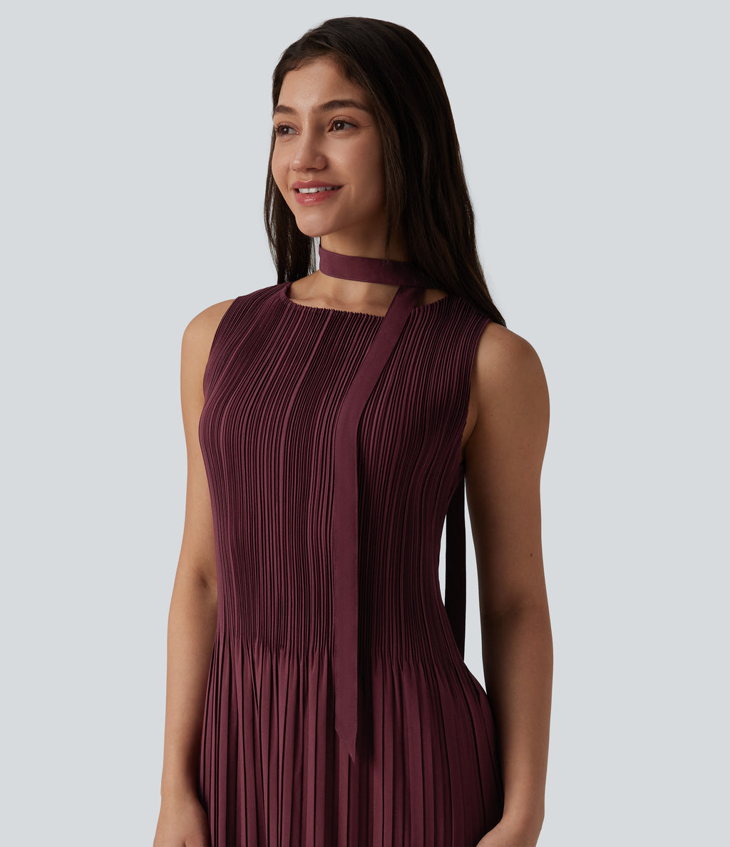 Boat Neck Sleeveless Belted Plisse Midi Work Dress — Oxblood Red — view 5