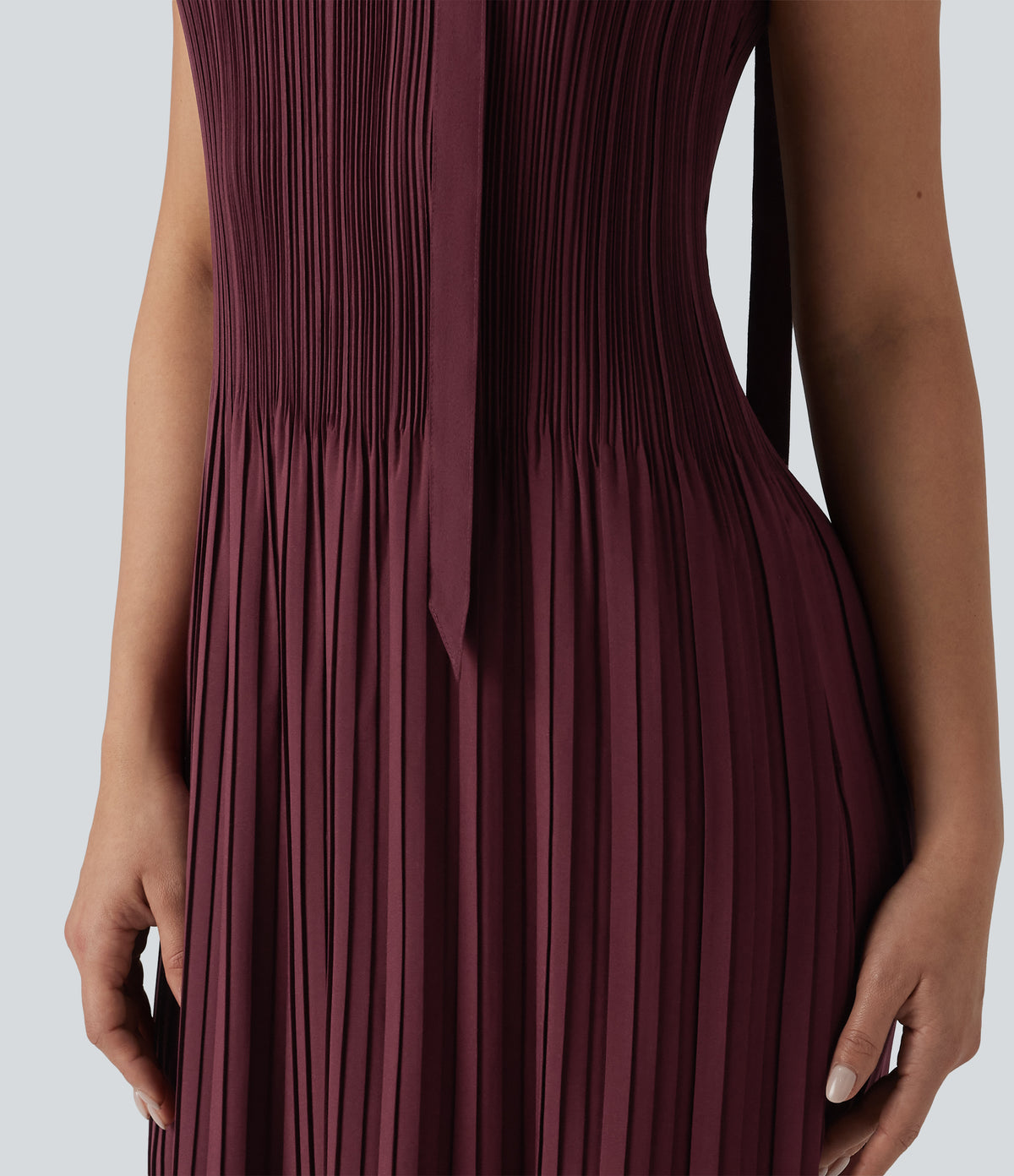 Boat Neck Sleeveless Belted Plisse Midi Work Dress — Oxblood Red — view 6