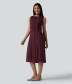 Boat Neck Sleeveless Belted Plisse Midi Work Dress — Oxblood Red — view 7