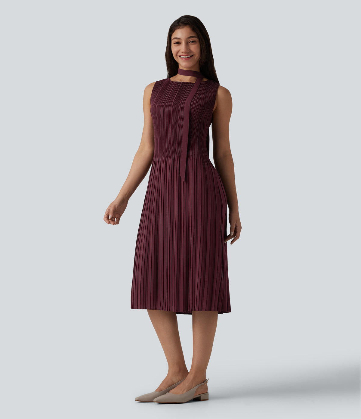 Boat Neck Sleeveless Belted Plisse Midi Work Dress — Oxblood Red — view 7