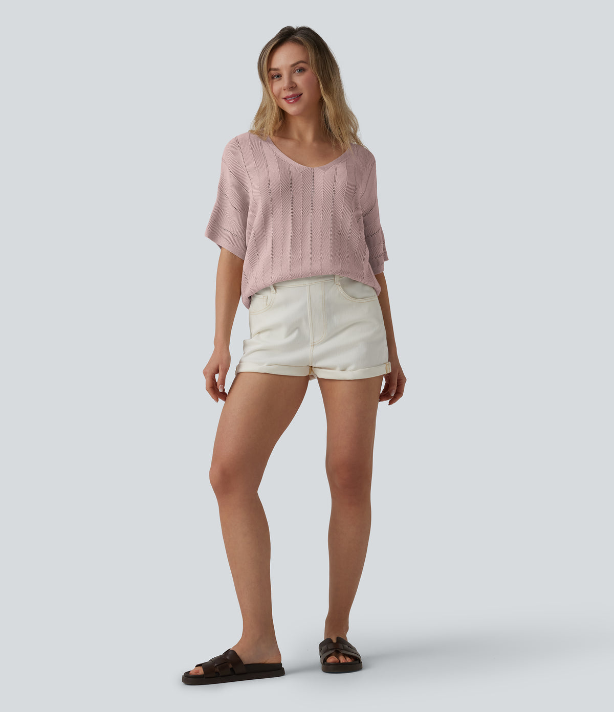 V Neck Short Sleeve Casual Jumper — Hushed Violet — view 5