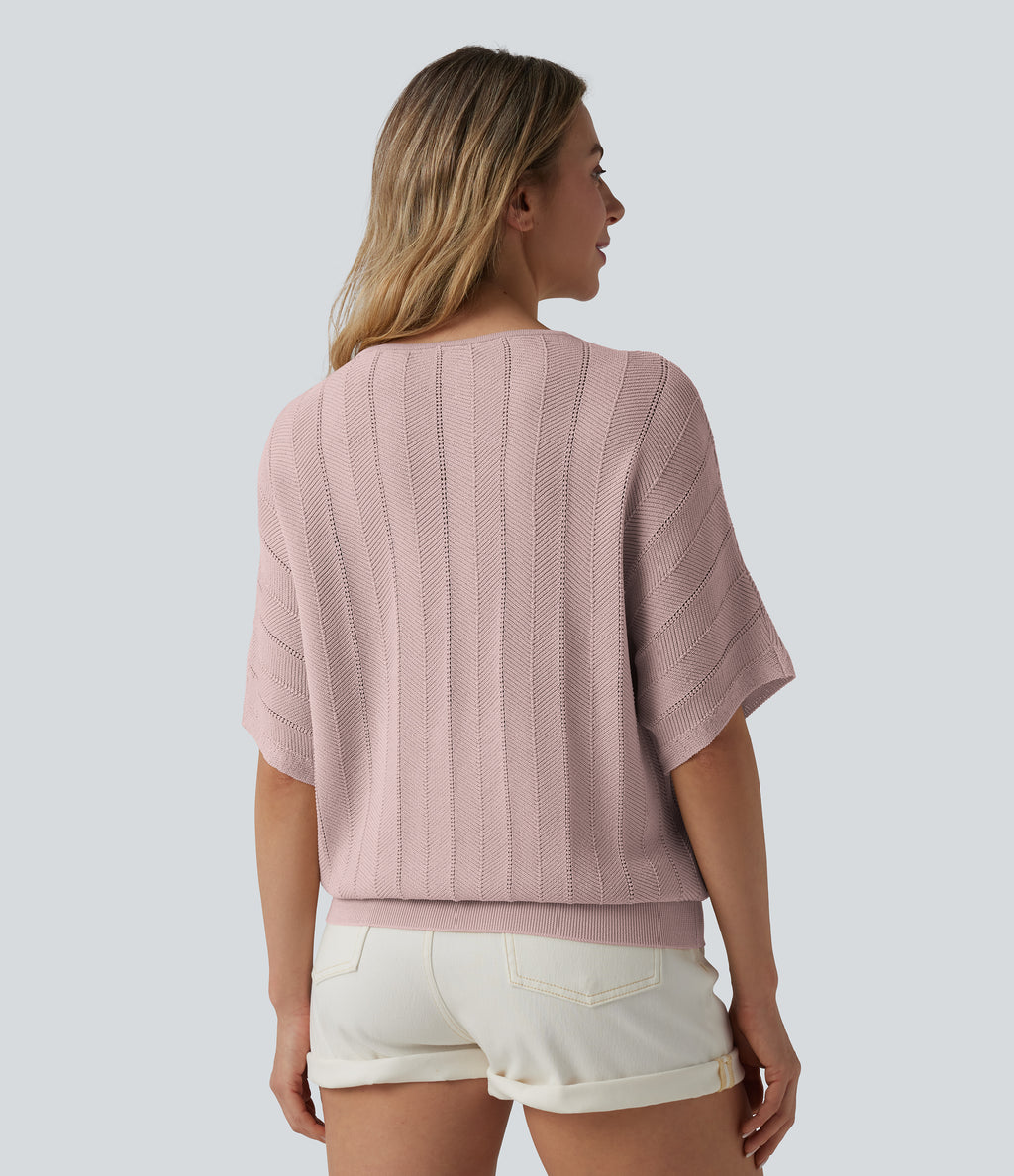 V Neck Short Sleeve Casual Jumper — Hushed Violet — view 2