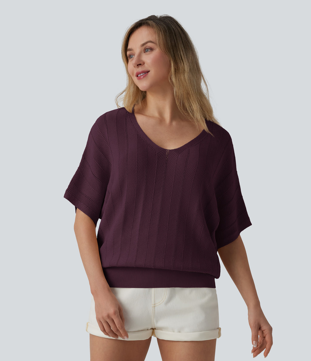 V Neck Short Sleeve Casual Jumper — Fig — view 6