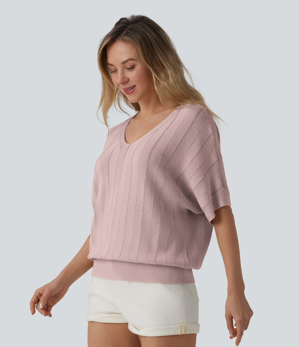 V Neck Short Sleeve Casual Jumper — Hushed Violet — view 3