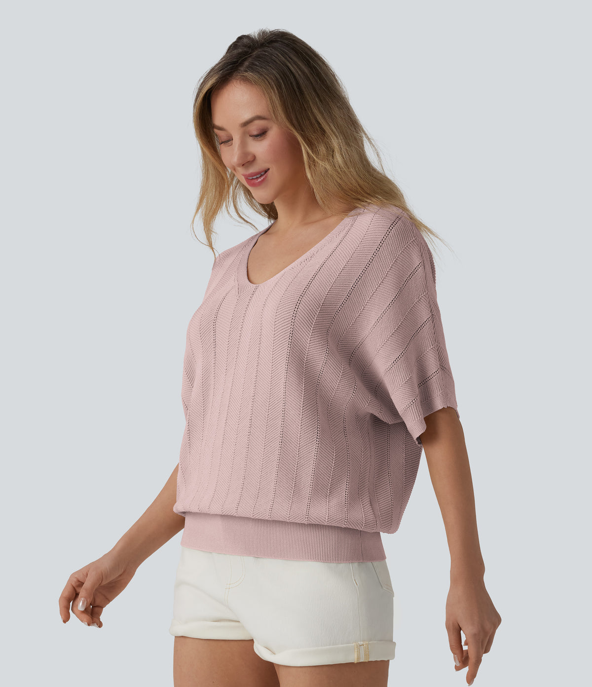 V Neck Short Sleeve Casual Jumper — Hushed Violet — view 3