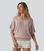 V Neck Short Sleeve Casual Jumper — Hushed Violet — view 1