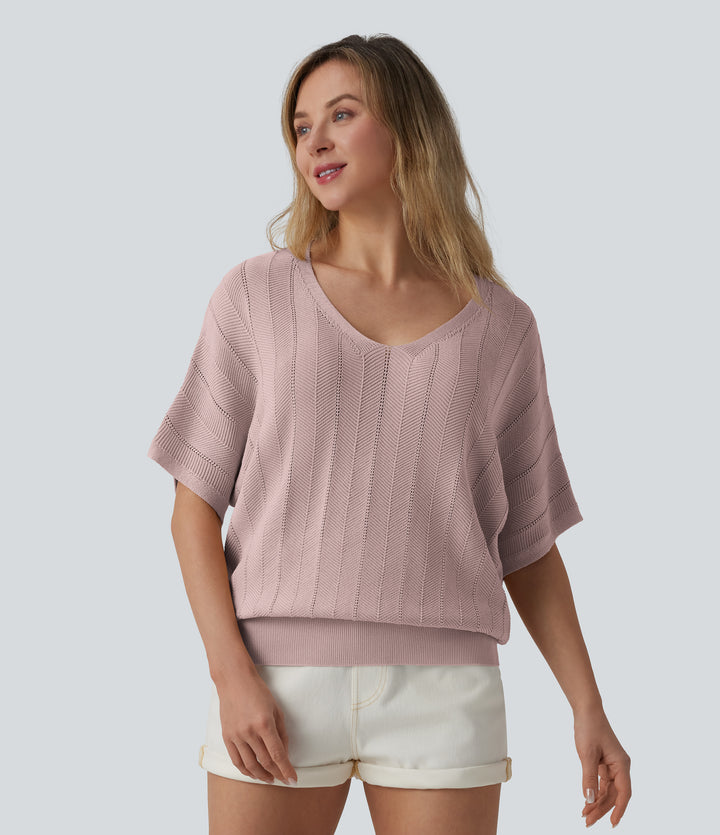 V Neck Short Sleeve Casual Jumper — Hushed Violet — view 1