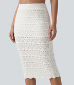 High Waisted 2-in-1 Open Knit Midi Jumper Skirt with Pockets — White — view 5