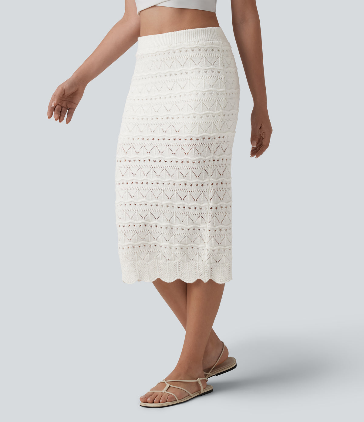 High Waisted 2-in-1 Open Knit Midi Jumper Skirt with Pockets — White — view 4