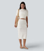 High Waisted 2-in-1 Open Knit Midi Jumper Skirt with Pockets — White — view 7