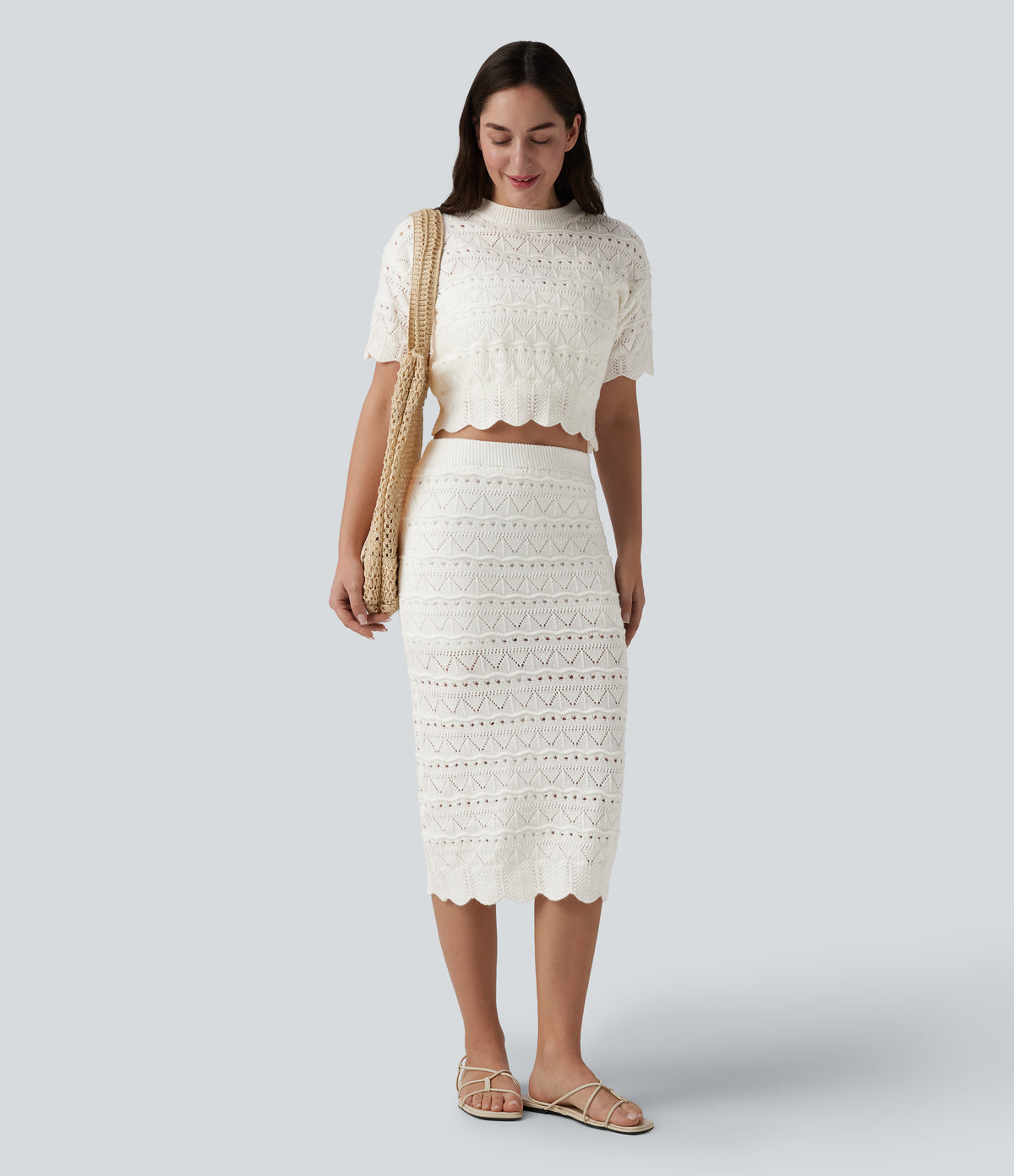 High Waisted 2-in-1 Open Knit Midi Jumper Skirt with Pockets — White — view 7