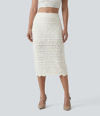High Waisted 2-in-1 Open Knit Midi Jumper Skirt with Pockets — White — view 1