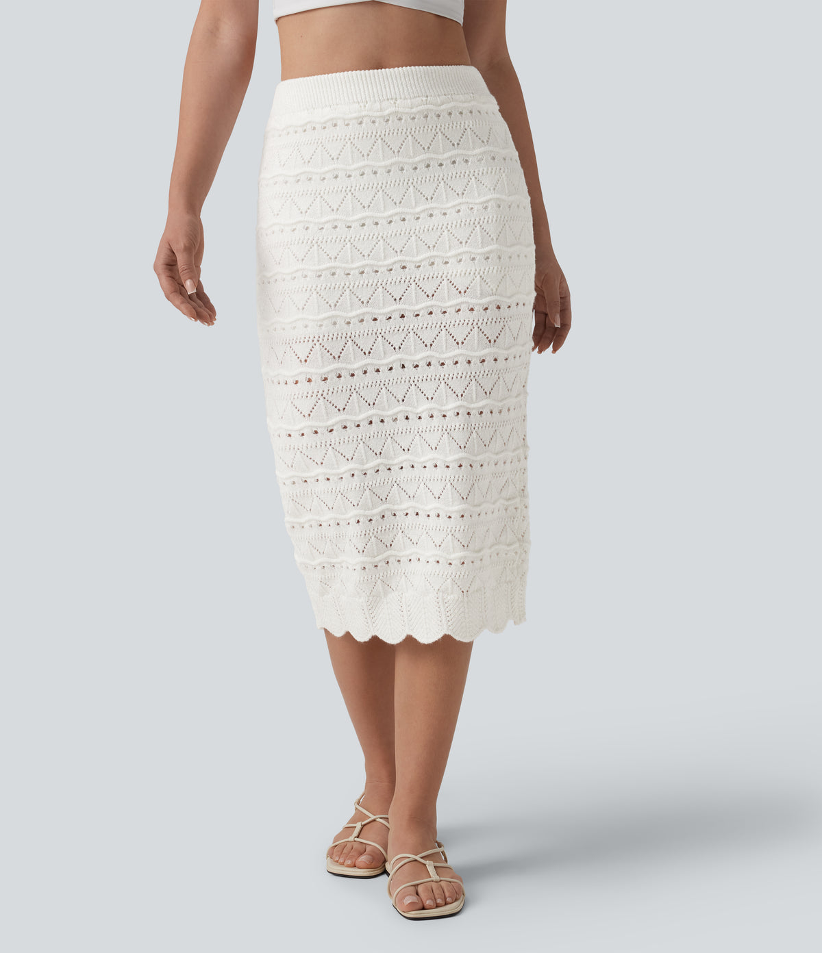 High Waisted 2-in-1 Open Knit Midi Jumper Skirt with Pockets — White — view 6