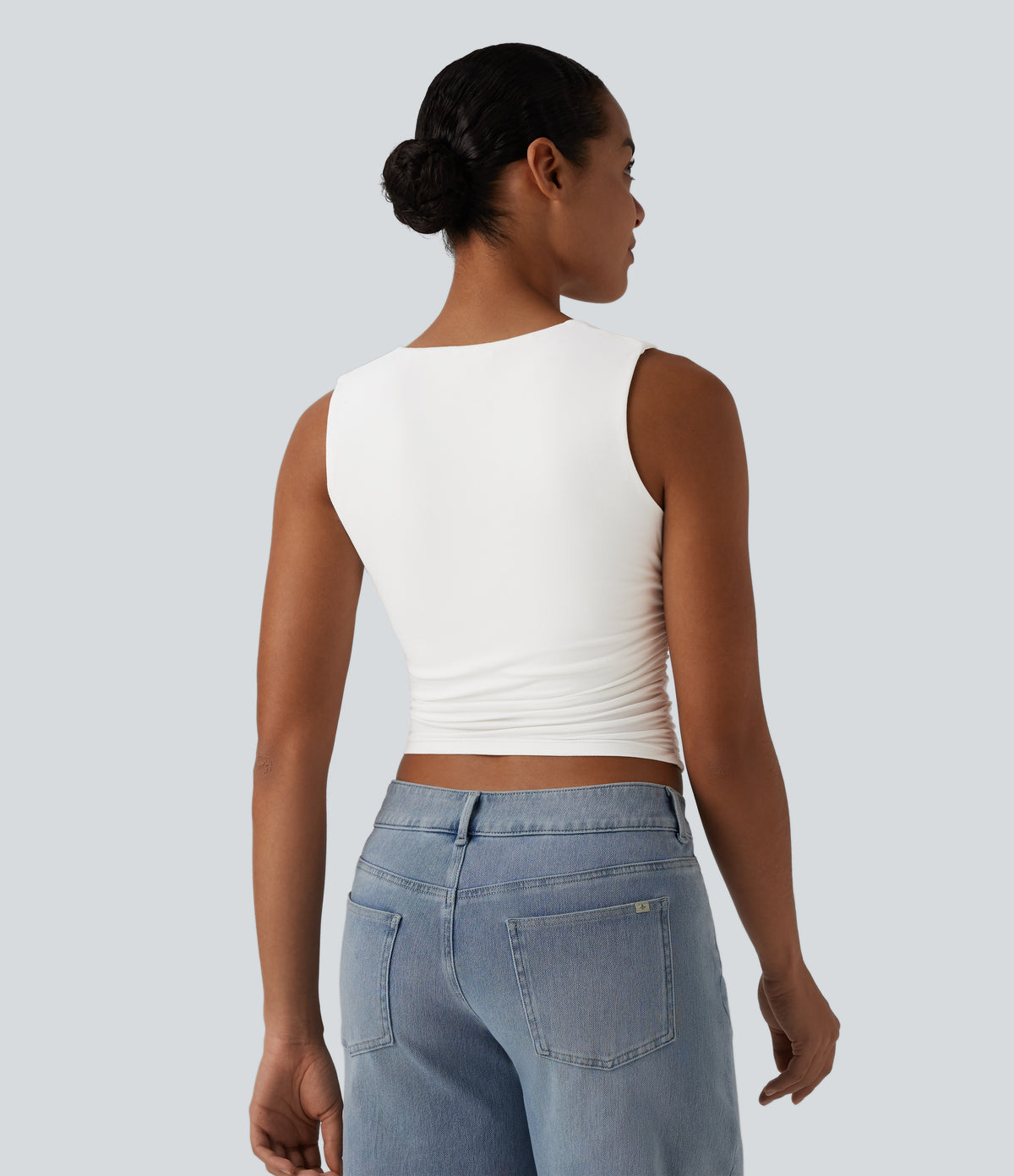 Square Neck Ruched Cropped Casual Tank Top — White — view 2