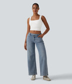 Square Neck Ruched Cropped Casual Tank Top — White — view 5